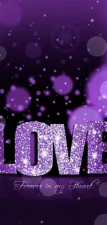 Purple love mobile wallpaper with bokeh and sparkle effect.