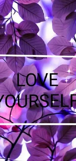 Purple leaves wallpaper with inspirational text 'Love Yourself'.