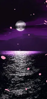 Purple moon reflecting on the ocean at night.