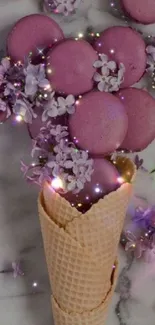 Purple macarons and lilacs in a cone, whimsical mobile wallpaper design.