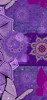 Artistic wallpaper with purple mandalas and butterflies.