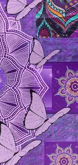 Purple mandala wallpaper featuring butterflies and abstract designs.