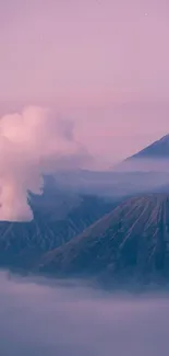 Misty mountains with a purple hue at sunrise, featuring a steaming volcanic peak.