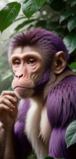 Purple monkey with lush green leaves in a vibrant jungle setting.