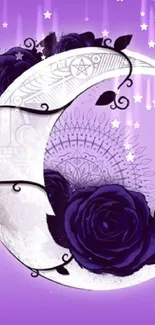 Purple crescent moon with roses on a mystical wallpaper.