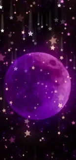 Purple moon with golden stars on dark background mobile wallpaper.