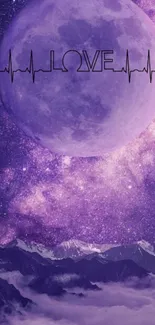 Purple moon wallpaper with love and cosmic design.