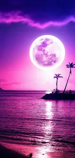 Purple beach with moonlit palm trees and serene ocean.