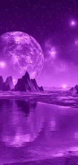 Purple moonlit fantasy landscape with mountains and a reflective lake.