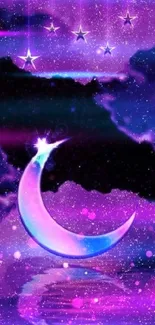 Purple crescent moon with stars wallpaper.