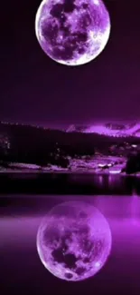 Purple moonlit lake with vibrant reflections.