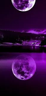 Purple moonlit lake with moon reflection at night.