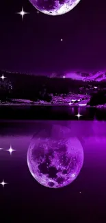 Purple moon and lake with stars under a serene night sky.