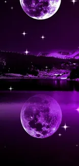 Purple moonlit lake reflecting in tranquil waters.