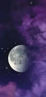 Moonlit night sky with purple clouds and stars.