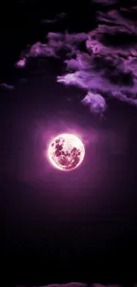 Purple moonlit night wallpaper with clouds and glowing moon.