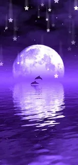 Purple moonlit ocean with dolphin silhouettes.