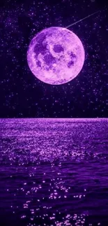 Purple moonlit ocean with starry sky reflecting on water.