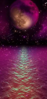 Vibrant purple ocean with moonlit sky and stars in a mobile wallpaper design.