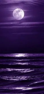 Purple moonlit ocean scene under a glowing full moon, reflecting on the sea.