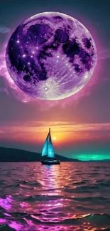 A boat sails under a glowing purple moon, reflecting on vibrant waters at night.