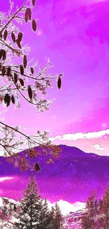 Purple mountain landscape with trees and vivid sky.