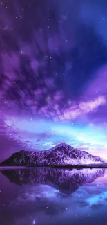 Purple night sky with mountain reflection.