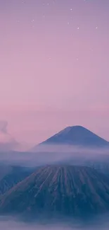 Purple mountain landscape under a starry sky with serene clouds.