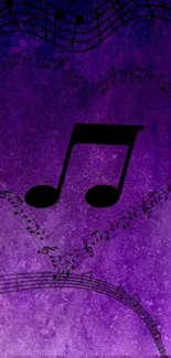 Purple wallpaper with musical notes and heart design.