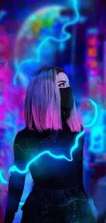 Woman in neon-lit urban scene with vibrant colors and cyberpunk flair.