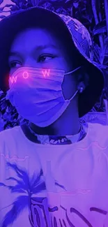 Purple neon wallpaper with masked figure and glowing text.