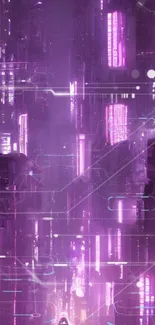 Futuristic cityscape with purple neon lights in vertical wallpaper format.