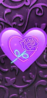 Purple neon heart wallpaper with floral patterns.