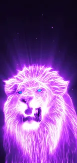 Neon glowing lion with purple hues and bright blue eyes.