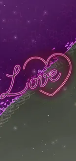 Purple neon wallpaper with glowing heart and 'Love' text.