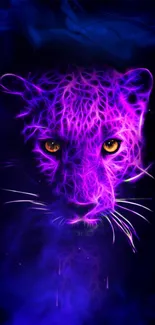 Purple neon panther with glowing eyes on a dark background.