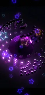 Purple neon wallpaper with glowing stars and abstract pattern.