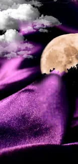 Purple night with full moon and clouds in a surreal landscape.