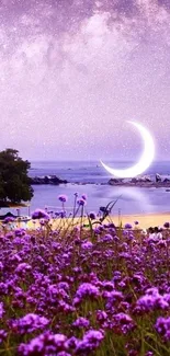 A dreamy purple landscape with crescent moon and vibrant flowers.