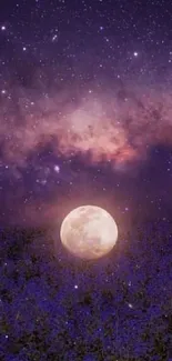 Purple night sky with moon over lavender field wallpaper.