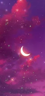 Purple night sky with crescent moon and stars wallpaper.