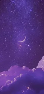 Purple night sky with crescent moon and stars mobile wallpaper.