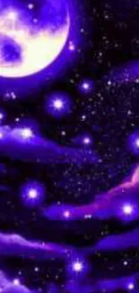 Vibrant purple night sky wallpaper with moon and stars.