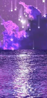 Purple night sky with ocean reflection and stars, creating a serene mobile wallpaper.