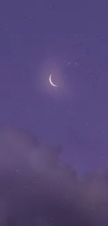 Purple night sky with crescent moon and stars.