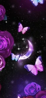 Purple starry night wallpaper with roses and butterflies.