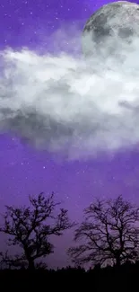 Purple night sky with moon and clouds, flashlight pointing upwards.