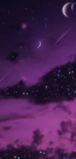 Purple night sky with moons and stars creating a cosmic atmosphere.