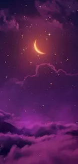 Purple night sky with crescent moon and stars in a dreamy scene.