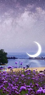 Purple sky with crescent moon over beach blooms.